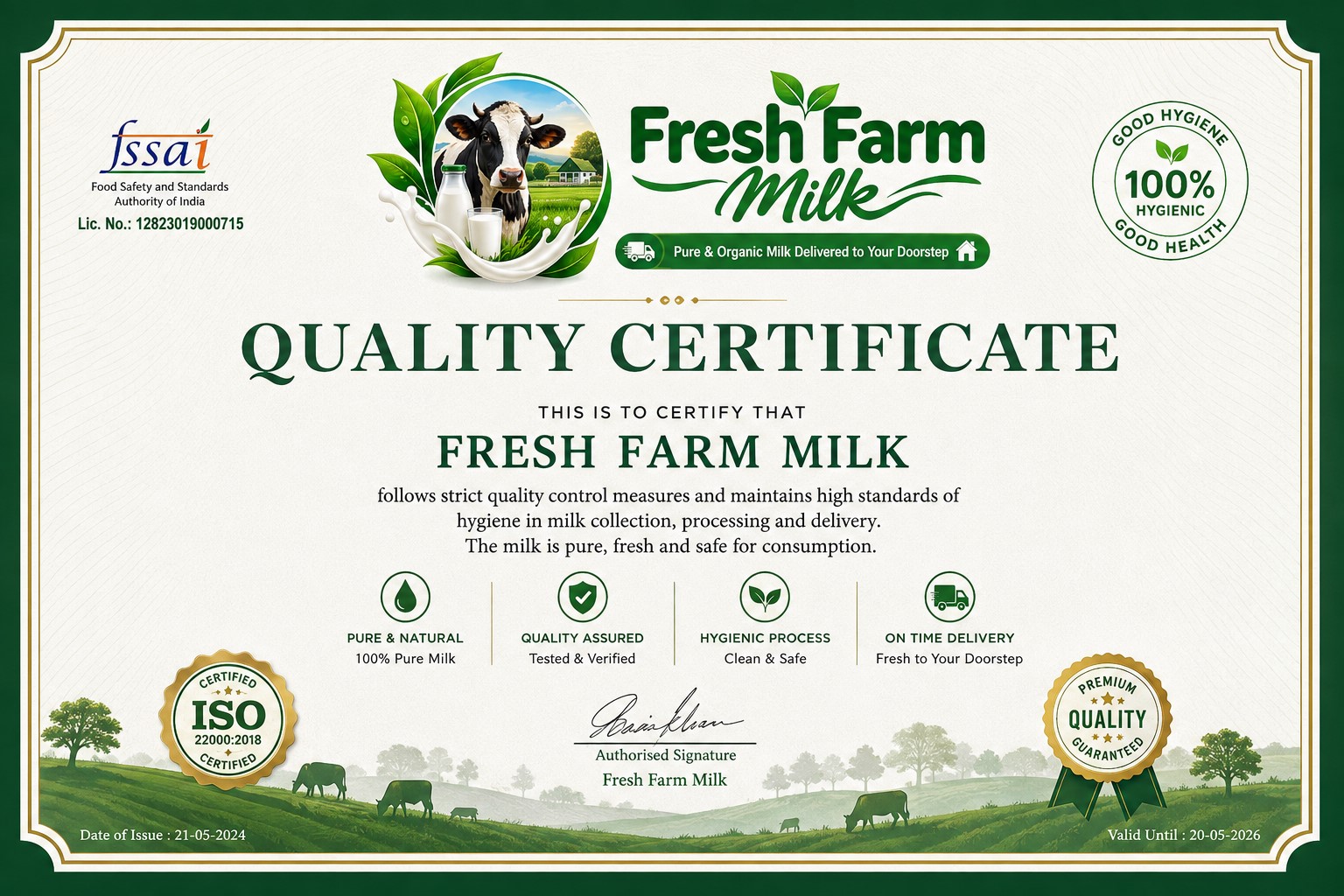 Fresh Farm Milk Quality Certificate